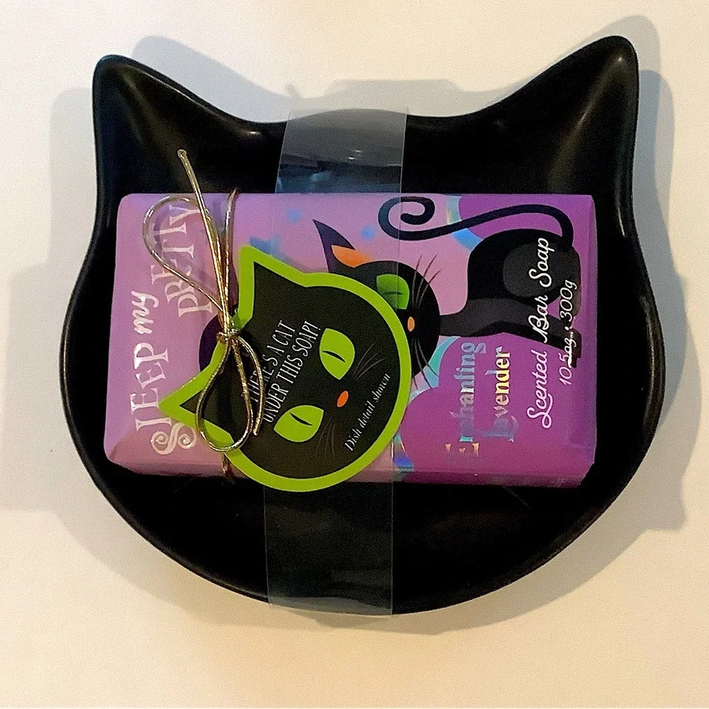 Halloween Black Cat Soap Dish & Enchanting Lavender Soap New